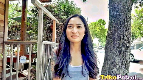 Avery Black, sexy Filipina with tattoos in gray tank top outdoors