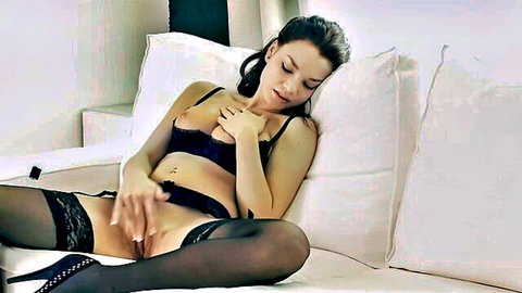 Nici Dee sexy brunette in black lingerie touching her pussy