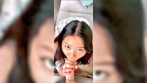 POV sexy Asian babe teases blowjob deepthroating fingers in open mouth