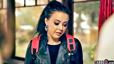 Brunette teen mistress in leather jacket and backpack, caught in cheating MILF threesome