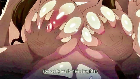 Hentai busty girl with large breasts squeezed, lactating nipples close-up
