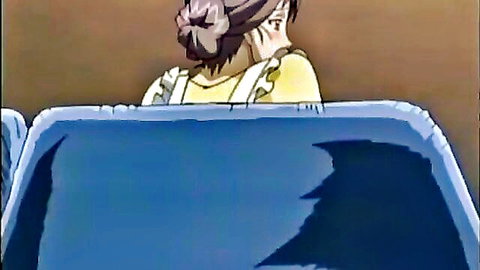 Anime stepmom with bun hairstyle looks aroused in yellow dress, hentai uncensored scene