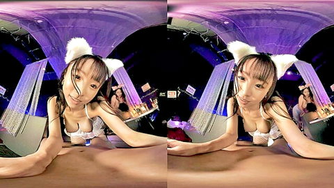Sexy Japanese bunny girl in revealing white outfit, leaning forward pose