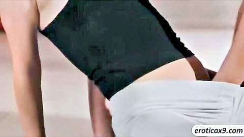 Slender Lilly Ford bent over in black top and white pants, ass grabbed