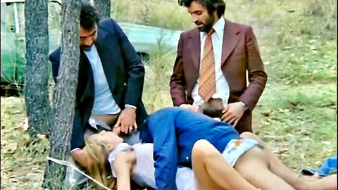 Vintage French outdoor gangbang with blonde beauty and three suited men