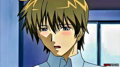 Blushing anime boy in white shirt from hentai gangbang video