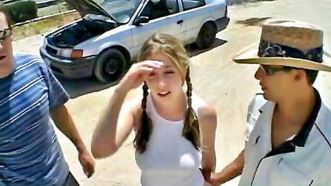 Cute blonde teen with pigtails approached by two men near bangvan for wild orgy