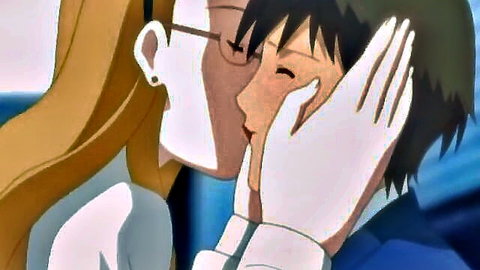 Blonde cougar in glasses passionately kisses young man in hentai scene