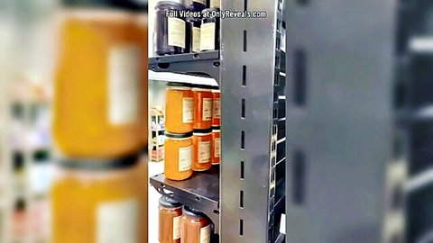 Blurry OnlyFans promo of orange jars on store shelves, public blowjob doggystyle tease
