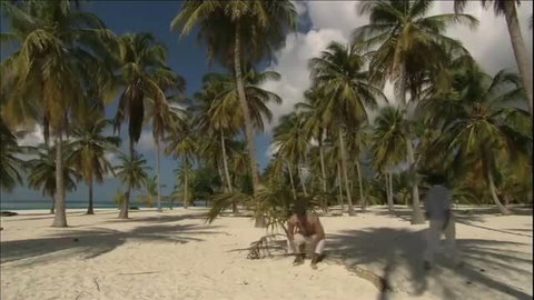 Tropical beach anal sex with nude brunette and man outdoors