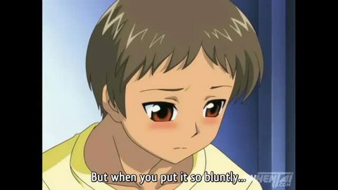 Blushing anime trap boy embarrassed by blunt words in JAV scene