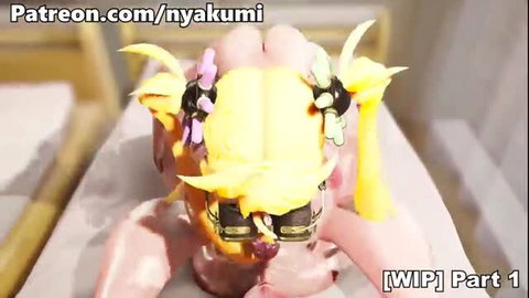 Nyakumi futanari WIP cosplay with yellow hair and banana mask, nude pink body