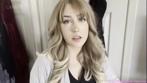 Blonde bombshell in cardigan teases on cam, jealous mommy body swap vibe