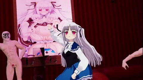 Julielove as anime girl dancing nude beside hentai poster in studio