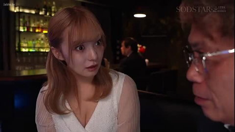 Redhead Japanese lounge girl in sheer white dress stares at man in bar JAV scene