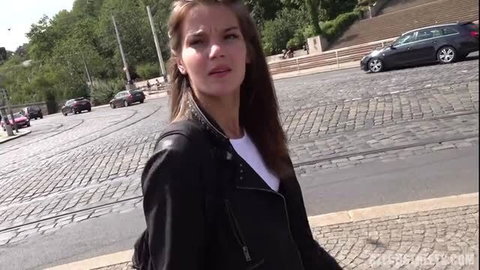 Czech Streets Na Na brunette in leather jacket on sunny street