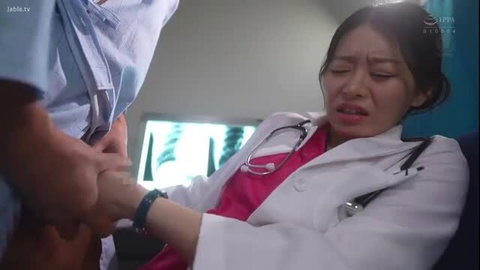 Asian doctor wife in white coat cries as patient grips her in JAV hospital scene