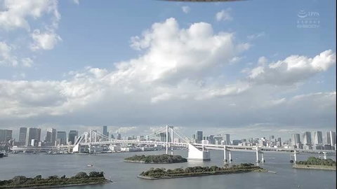 Tokyo Rainbow Bridge skyline over Tokyo Bay, sunny day