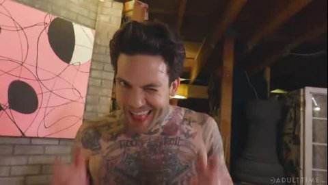 Tattooed muscular man grinning with tattoos in Adult Time video