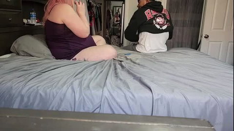 Pink-haired pregnant BBW housewife in purple dress on bed with lover
