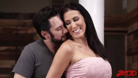Hot brunette MILF in pink towel kissed passionately by bearded stud