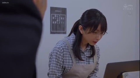 Japanese office lady in plaid shirt and apron at desk, sweat-kissed secretary Yuka