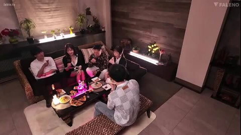 Asian JAV group eating pizza party, clothed women lowcut tops teasing