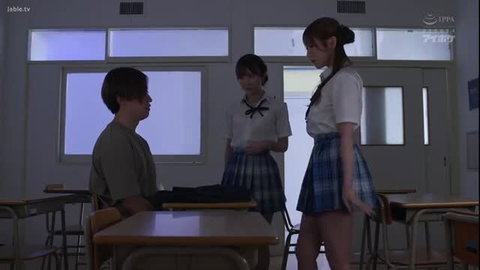 Miru Sakamiya & friend in school uniforms tease guy at desk in JAV threesome tease