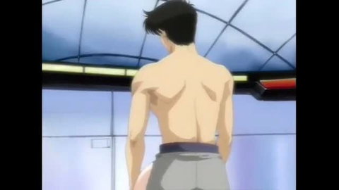 Muscular anime man shirtless back view in grey shorts from Ryuusei Tenshi Primaveil