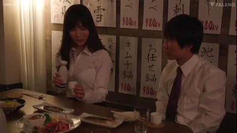 Yuko Ono busty boss pours sake with virgin subordinate at dinner