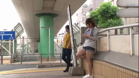 Japanese girl in short shorts at bus stop, upskirt tease, JAV candid style
