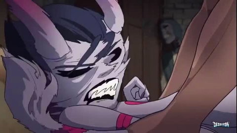 Fierce anthro demon girl snarling, grabbed by nude woman in Derpixon hentai