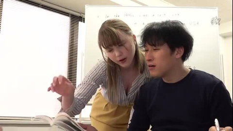 June Lovejoy busty blonde English teacher leaning over student in JAV classroom