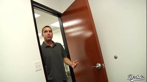 Handsome guy in polo shirt gesturing at open office door in Tight Snatch Chronicles Ep 1