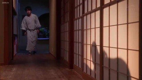 Japanese man in yukata walks dimly lit hallway, JAV tease