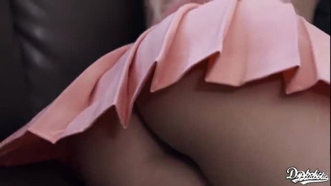Shaved Wet Elsa's pink pleated skirt upskirt ass on couch