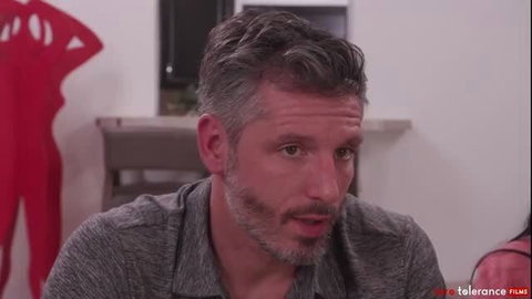 Silver fox guy chats intimately with brunette in erotic setup