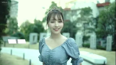 Asian JAV model in sexy blue off-shoulder dress smiles outdoors, 出張マッサージ師