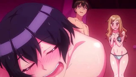 Hentai threesome: black-haired girl deepthroats nude guy, blonde bikini girl watches
