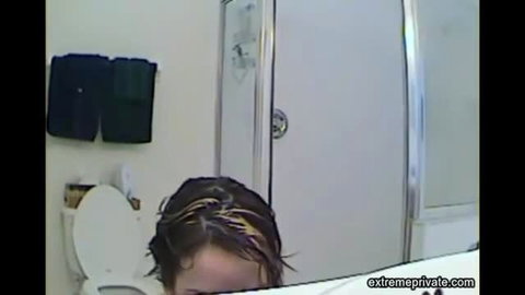 MILF stepmom spied showering on toilet wet hair highlights
