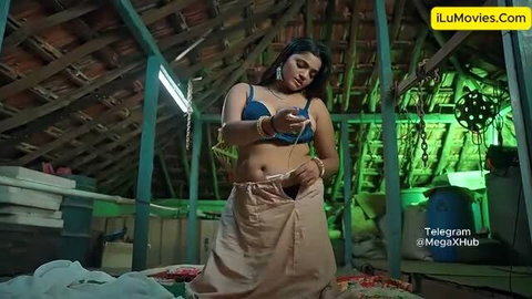 Bharti Jha in blue bra, exposed midriff, saree skirt, seductive pose