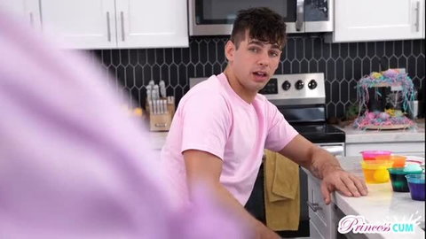 Maria Kazi in pink shirt with colorful cups in kitchen, Princess Cum