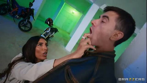 Brazzers' stunning brunette in hoodie fingers mouth of guy in leather jacket