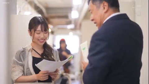 Mei Satsuki smiles at man in JAV office uniform tease
