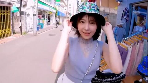 Japanese girl Tsubasa Amami in bucket hat smiles on sunny street, JAV CA tease