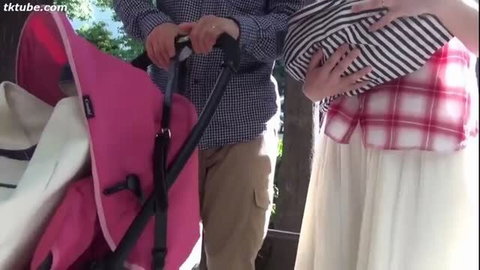Japanese couple with baby stroller in JAV delivery tease