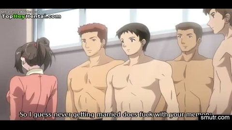 Anime girl surrounded by 4 buff nude guys in JAV hentai scene
