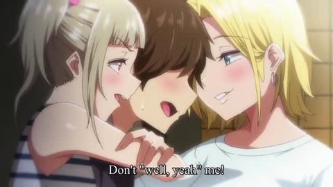 Blonde gyaru girls passionately kissing and groping boy's face in steamy threesome tease