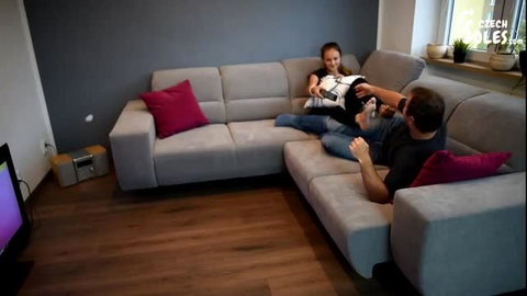 Step-sister pushes foot smelling on guy in footdom wrestling