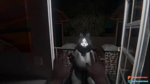 KinkySkinkie as Malo SCP-1471 fursuit girl at window, spooky night